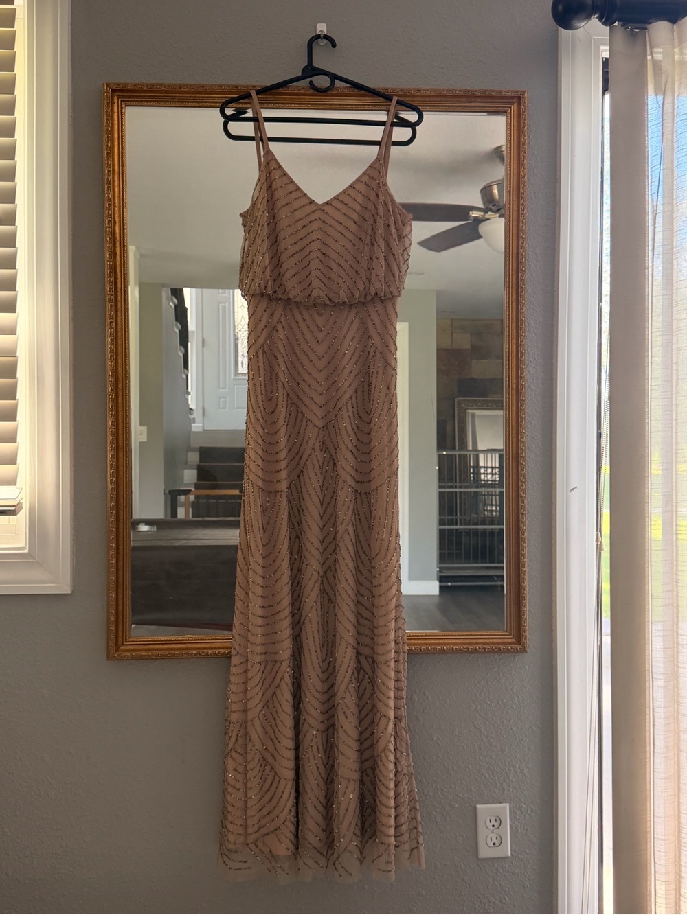 Adrianna Papell Beaded Taupe Spaghetti Strap Evening Gown